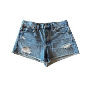 Madewell High Rise Button-Fly Distressed Raw Hem Relaxed Denim Shorts Blue Sz 27